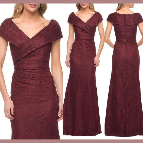 NWD $378‎ La Femme [ 10 ] Portrait Lace Off Shoulder Sleeve Gown Burgundy Red
